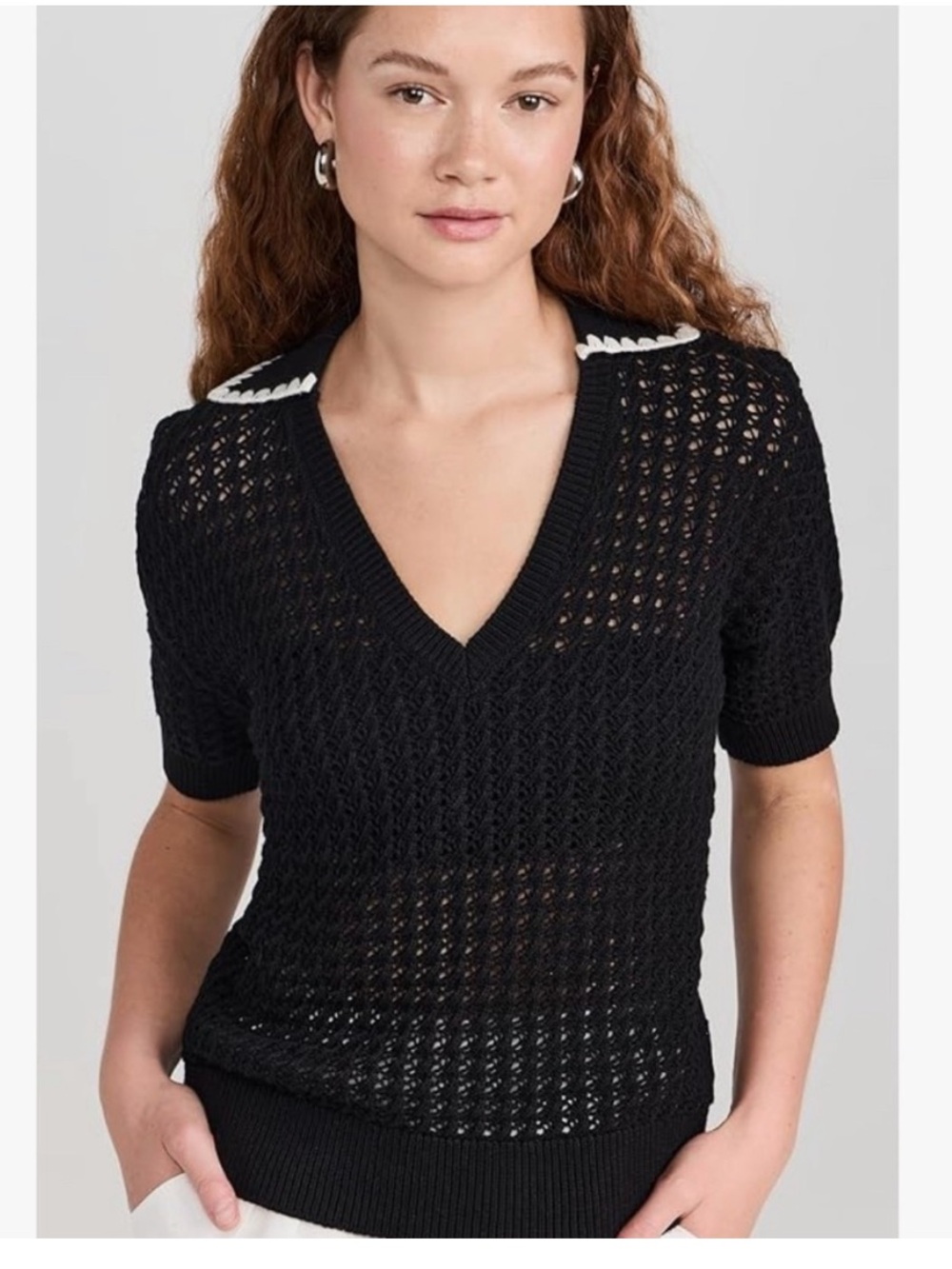 Varley Monte V Neck Knit Polo Black Crochet Cotton Sweater Top M